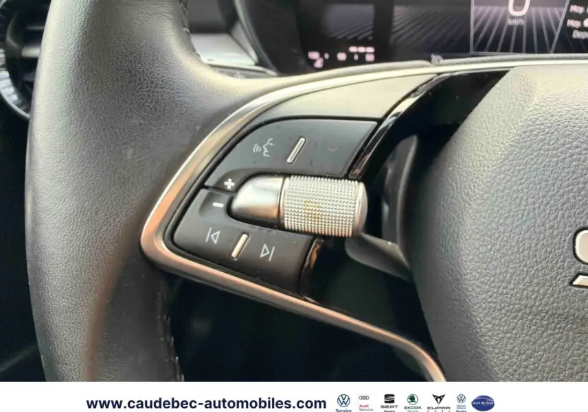 Gros plan sur les commandes multifonctions en cuir du volant de la Skoda Fabia 2025, côté gauche.