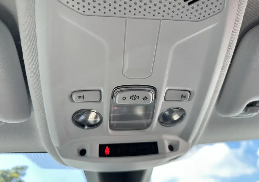 Plafonnier intérieur gris clair avec commandes d’éclairage et indicateur de ceinture dans une Peugeot 208 blanche.
