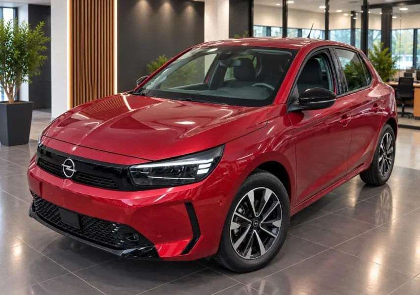 Opel Corsa 2025 rouge peperoncino vue 3/4 avant droit, avec calandre noire et jantes alliage distinctives.
