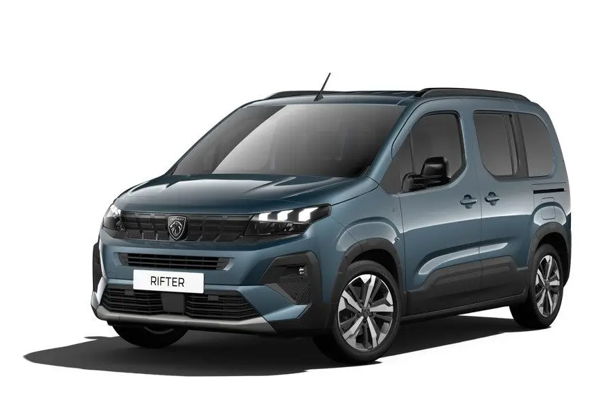 Peugeot Rifter bleu Kiama en vue 3/4 avant droit, avec calandre noire et jantes alliage distinctives.