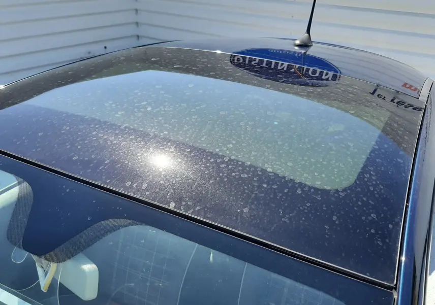 Vue plongeante sur le toit vitré d'une FIAT 500 bleu 1.2 8V 69 Lounge avec antenne et traces d'eau visibles.