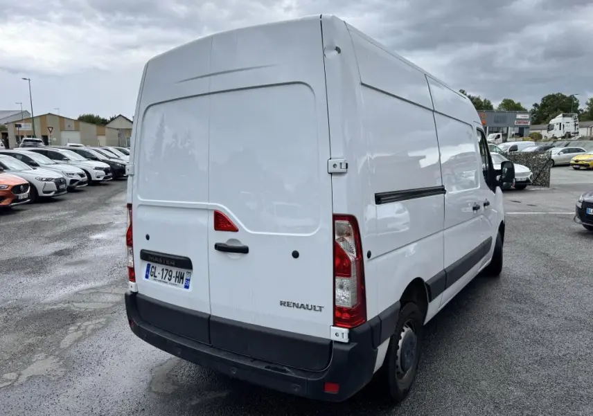Vue 3/4 arrière droite d'un Renault Master blanc avec portes arrière tôlées et baguettes de protection latérales noires.
