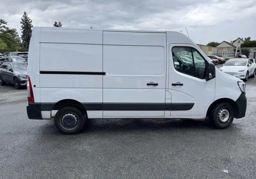 Renault Master blanc vu de profil côté gauche, fourgon utilitaire avec bandeau de protection noir et roues tôlées.