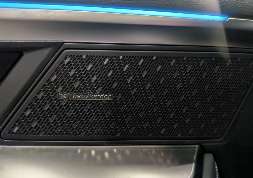 Gros plan sur le haut-parleur Harman/Kardon intégré à la porte intérieure du Renault Rafale gris Schiste Satin.