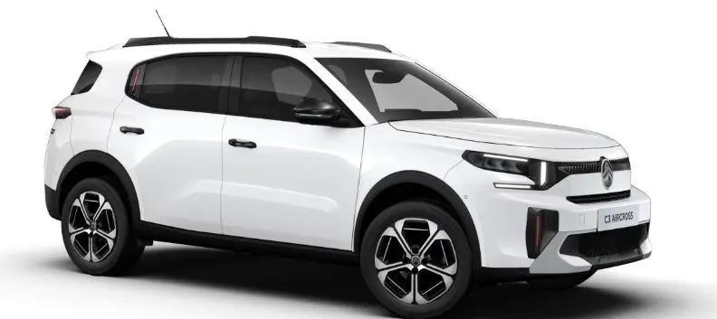 Citroën C3 Aircross blanc manquis en 3/4 avant droit, avec toit noir et jantes au design moderne.