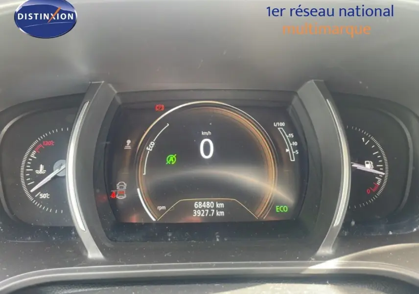 Tableau de bord numérique de Renault Mégane 1.3 TCE 115CH, affichant vitesse à 0 km/h et mode Eco actif.