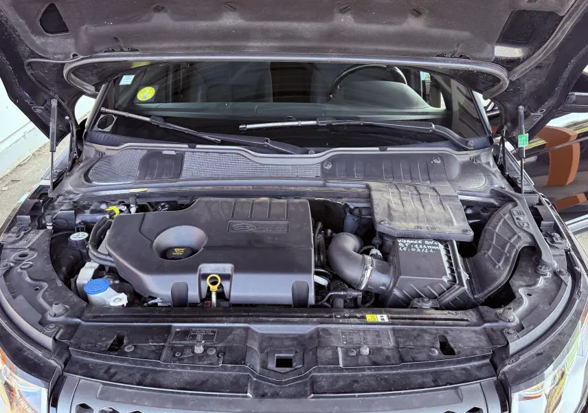 Vue plongeante sur le moteur diesel d'un Range Rover Evoque noir 2017 avec capot ouvert et détails du compartiment moteur.