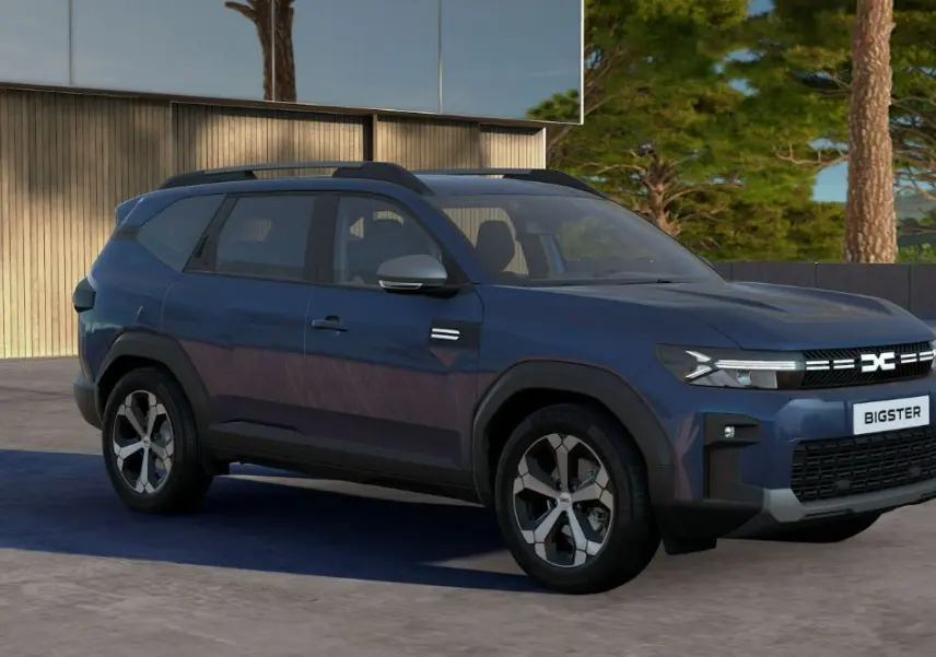 Dacia Bigster bleu indigo en 3/4 avant droit, SUV avec calandre lumineuse et jantes bi-ton distinctives.