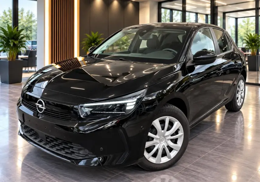 Opel Corsa 2025 noir karbon vue 3/4 avant en intérieur, avec jantes argentées et phares LED distinctifs.