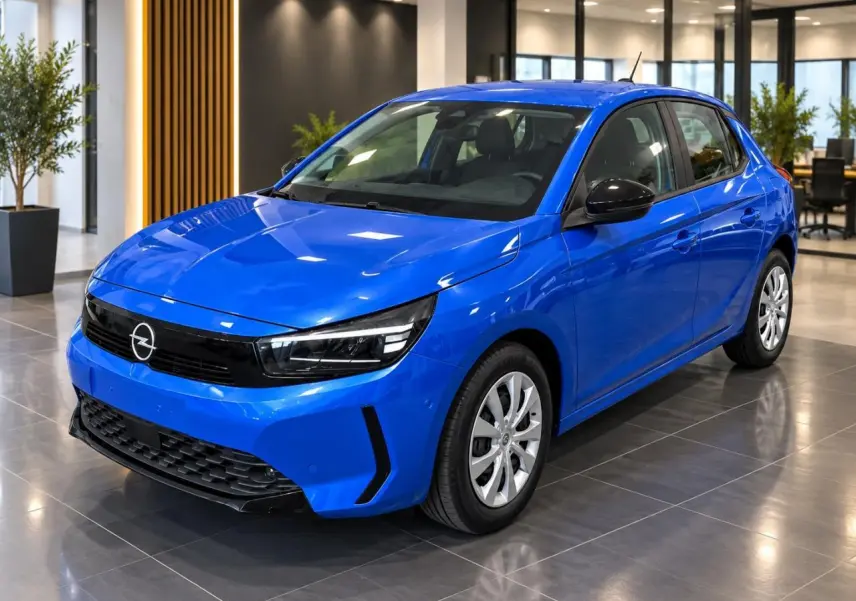 Opel Corsa 2025 bleu voltaik en 3/4 avant droit, avec calandre noire et jantes argentées en intérieur showroom.