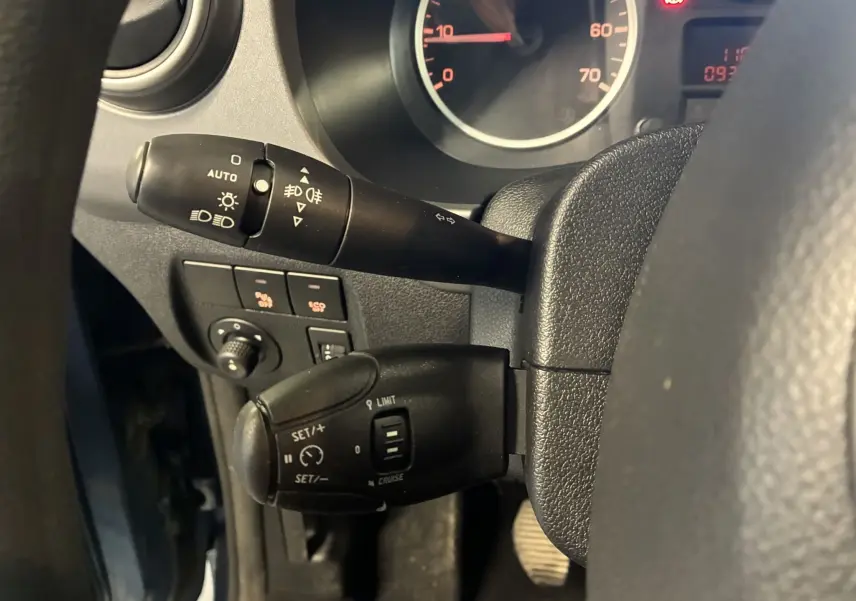Gros plan sur les commandes au volant du Citroën Berlingo Multispace bleu, montrant les leviers de clignotants et régulateur de vitesse.