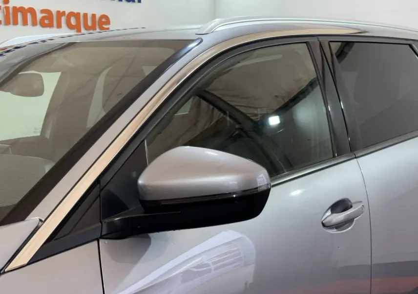 Vue rapprochée du côté gauche d’un Peugeot 5008 gris clair avec rétroviseur et poignée de porte visibles.