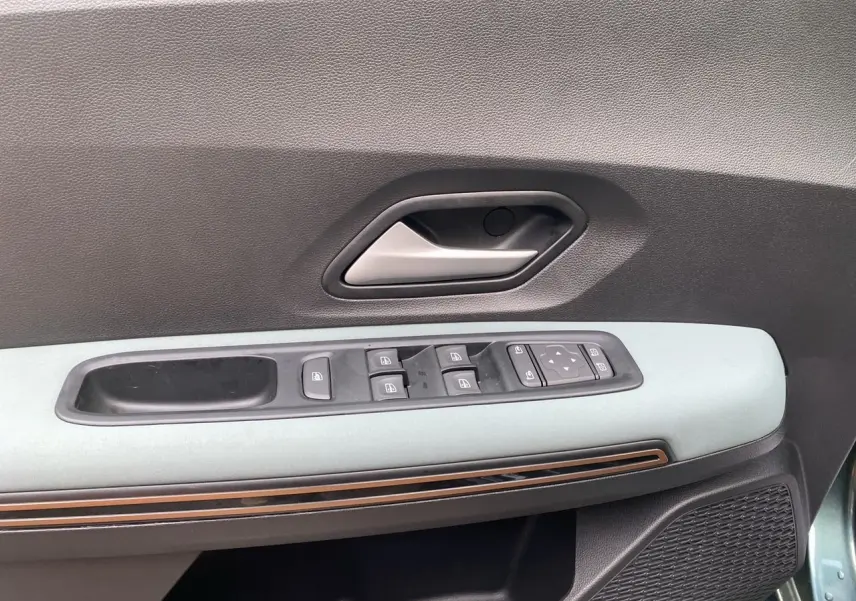 Détail de la porte côté conducteur du Dacia Sandero Stepway Vert Cèdre avec commandes des vitres et poignée intérieure grise.