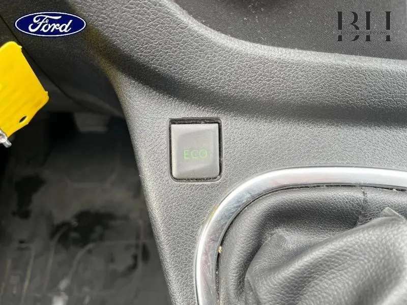 Gros plan sur le bouton ECO noir et la partie cuir de la commande de boîte manuelle dans un Renault Trafic blanc glacier 2020.
