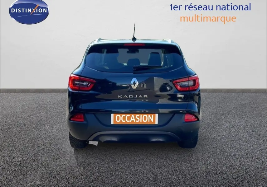 Vue arrière d'un Renault Kadjar noir 2018 avec feux LED et plaque d'immatriculation "OCCASION" visible.