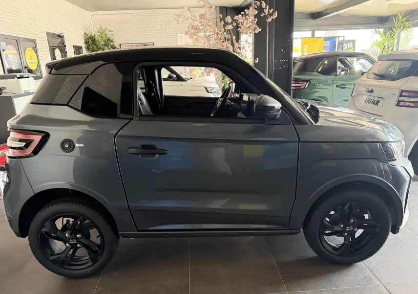 Vue de profil côté gauche d'une Ligier JS50 Elite Revo D+ gris graphite avec toit noir et jantes noires en showroom.