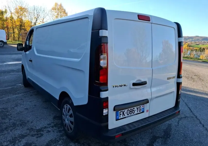 Renault Trafic Fourgon blanc vu en 3/4 arrière droit sur parking, portes arrière fermées et plaque française visible