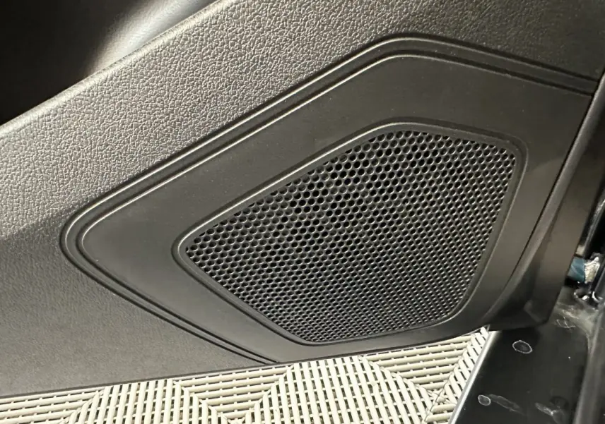 Gros plan sur le haut-parleur intégré dans la porte intérieure noire d'une Aixam Ambition gris foncé.