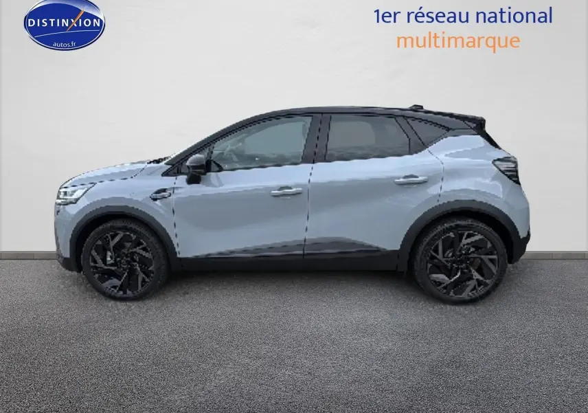 Profil droit du Renault Captur 2025 gris rafale avec toit noir et jantes alu noires esprit Alpine.