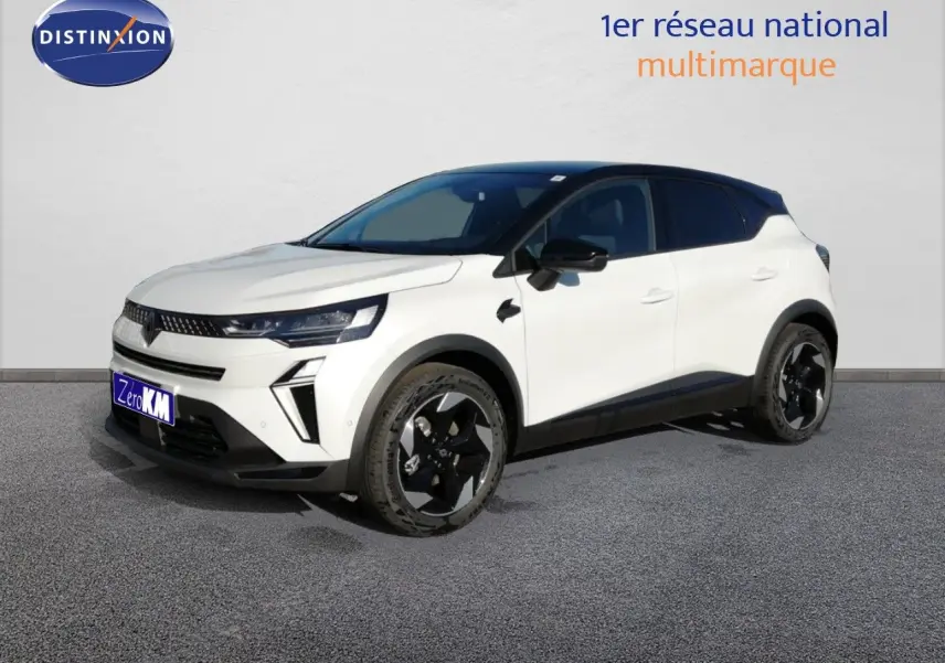 Renault Captur E-Tech hybride blanc nacré avec toit noir, vue 3/4 avant droit sur fond neutre.
