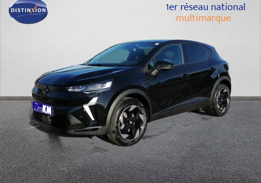 Renault Captur E-Tech Full Hybrid noir étoile métal, vue 3/4 avant droit avec jantes biton et feux LED distinctifs.