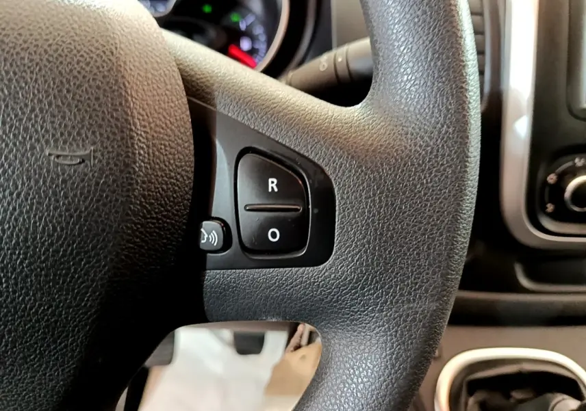 Gros plan sur le volant noir du Renault Trafic Fourgon L1H1 2021 avec commandes intégrées et tableau de bord partiel.