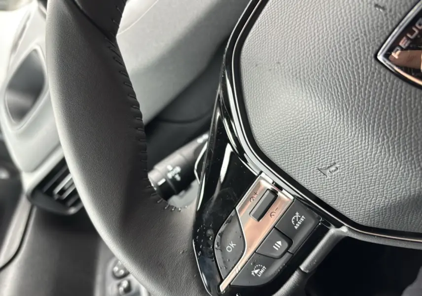 Gros plan sur le volant cuir multifonctions du Peugeot Rifter gris Artense, mettant en valeur les commandes intégrées.