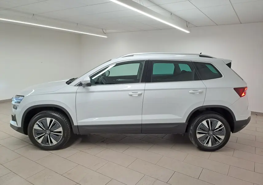 Vue de profil côté gauche du Skoda Karoq blanc Lune 2025 avec jantes spécifiques et rampes de pavillon argent visibles.