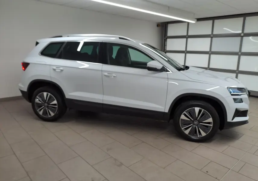 Vue de profil côté gauche d'un Skoda Karoq blanc Lune avec pack chrome extérieur et rampes de pavillon argent.