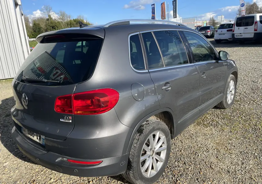 Volkswagen Tiguan gris foncé vu en 3/4 arrière droit, avec badges TDI Bluemotion et jantes alliage.