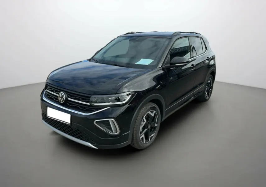 Volkswagen T-Cross TSI 116 DSG7 R-Line noir intense en 3/4 avant avec jantes alu 17 pouces et barres de toit.