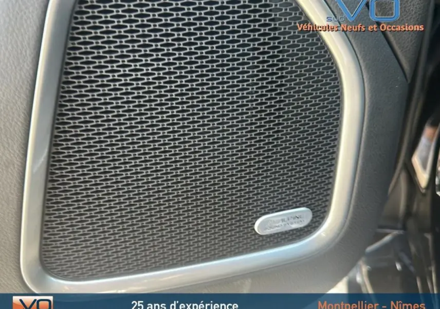 Gros plan sur le haut-parleur Alpine intégré à la porte d'un Jeep Compass noir 2023.