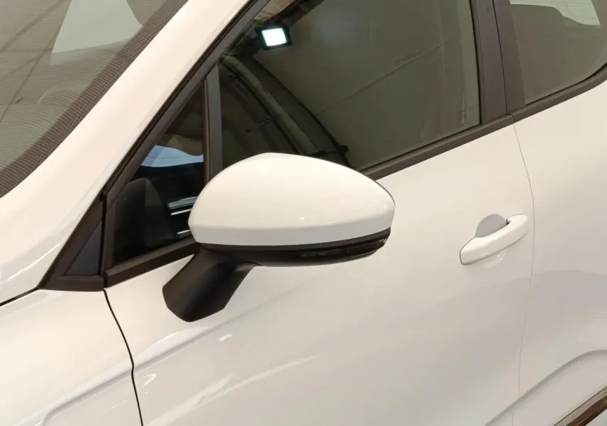 Gros plan sur le rétroviseur côté gauche et la portière blanche d'une Renault Clio Business TCe 100 GPL 2021.