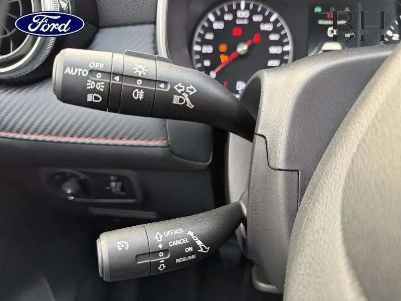 Gros plan sur les commandes au volant d'une MG ZS Cosmic Silver, avec détails des leviers de clignotants et régulateur de vitesse.