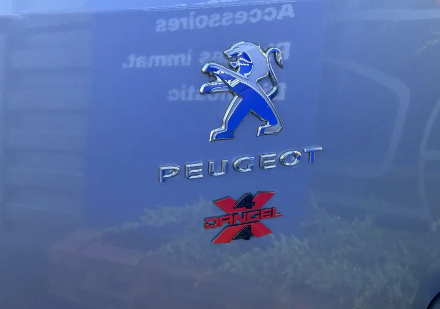 Gros plan sur l’arrière gris Artense du Peugeot Partner avec les logos Peugeot et Dangel 4x4 en relief.