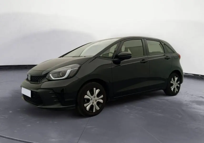 Honda Jazz E:HEV 1.5 i-MMD Advance 2024 noire vue en 3/4 avant droit, avec jantes spécifiques et calandre noire.