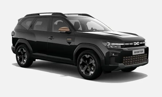 SUV Dacia Bigster noir nacré en vue 3/4 avant droit, avec rétroviseurs couleur bronze et calandre distinctive.