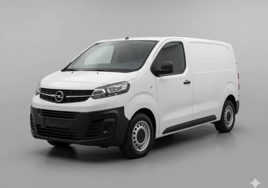 Opel Vivaro blanc en 3/4 avant droit, fourgon utilitaire avec pare-chocs noirs et jantes acier simples.