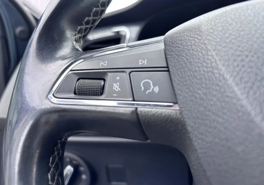 Gros plan sur les commandes audio et vocales du volant en cuir noir du SEAT Ateca gris foncé 2019.