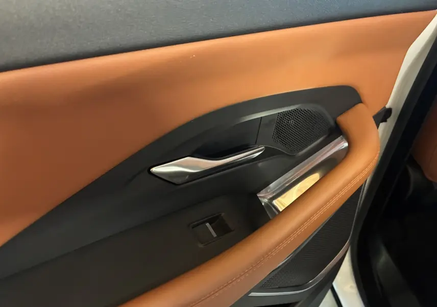 Gros plan sur la garniture intérieure de porte côté droit en cuir brun et détails noirs du Jaguar E-PACE blanc 2019.