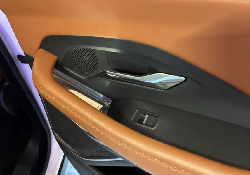 Gros plan sur la garniture cuir brun et la poignée intérieure côté gauche de la porte d’une Jaguar E-PACE blanche.