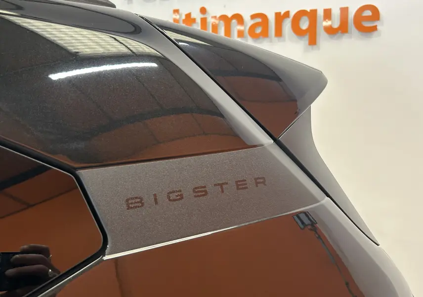 Détail du hayon arrière noir nacré du Dacia Bigster 2026 avec logo BIGSTER en gros plan, vue côté droit.