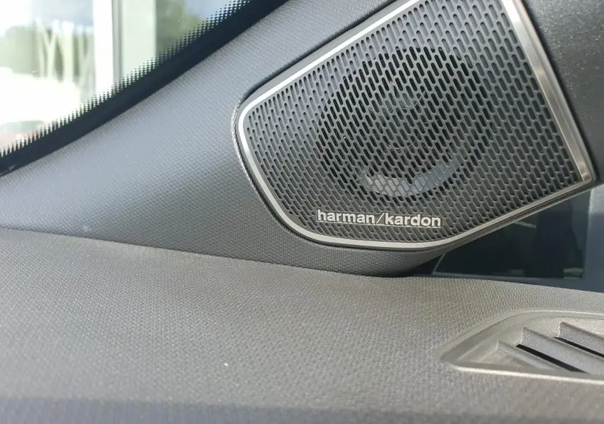 Gros plan sur le haut-parleur Harman Kardon intégré à la porte avant droite de la Renault Clio VI gris Rafale.
