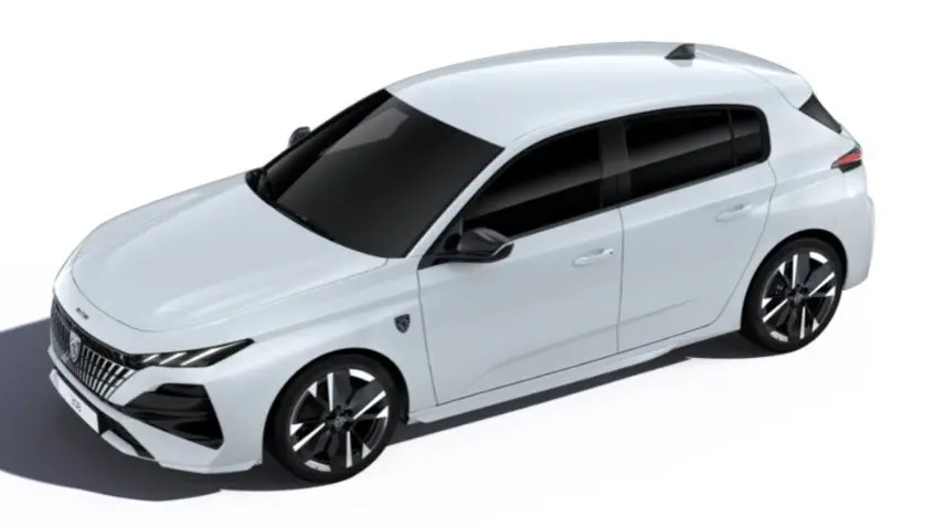 Peugeot 308 Nouvelle Hybrid 145 GT blanc Okenite vue 3/4 avant droit avec jantes noires et vitres teintées.