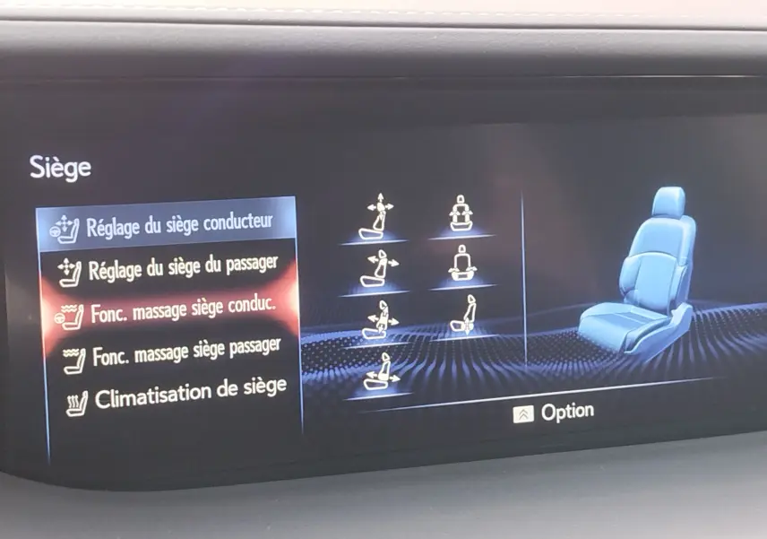 Écran de réglage des sièges avec options massage et climatisation dans une Lexus LS 500H 2020 gris manganèse.