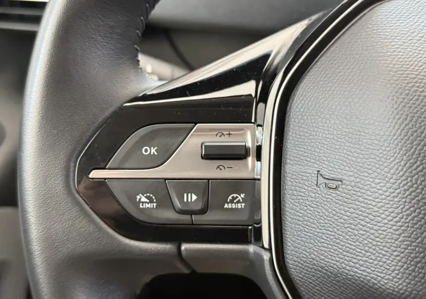 Gros plan sur le côté gauche du volant cuir noir du Peugeot Rifter 2024 avec commandes multifonctions intégrées.