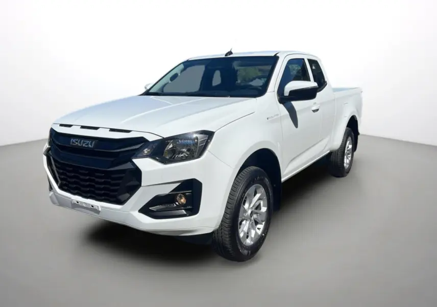 Isuzu D-MAX 2.2 TD 164 Space Evolution blanc Splash, vue 3/4 avant droit avec calandre noire distinctive.