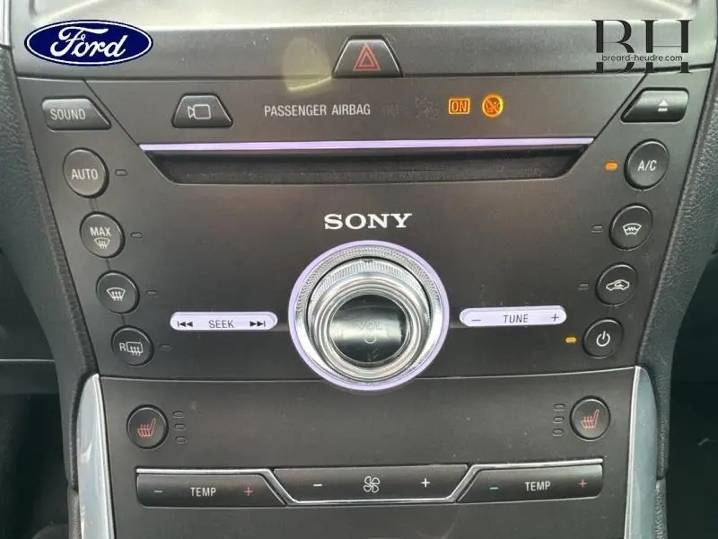 Vue rapprochée de la console centrale noire du Ford S-MAX 2018 avec système audio Sony et commandes climatisation.