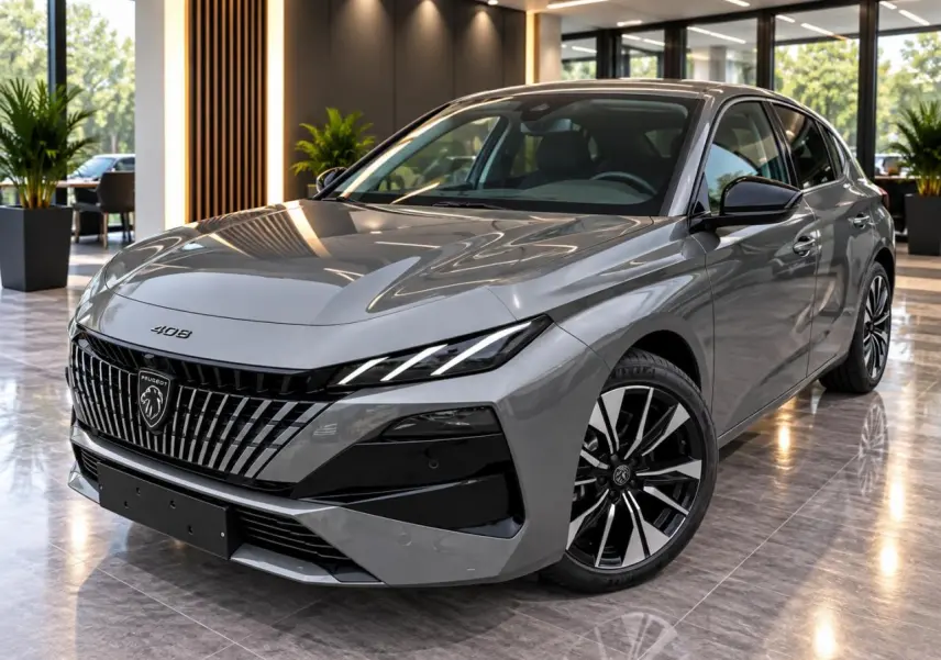 Vue 3/4 avant droite d'une Peugeot 408 gris sellenium avec calandre verticale distinctive et jantes noires bicolores.