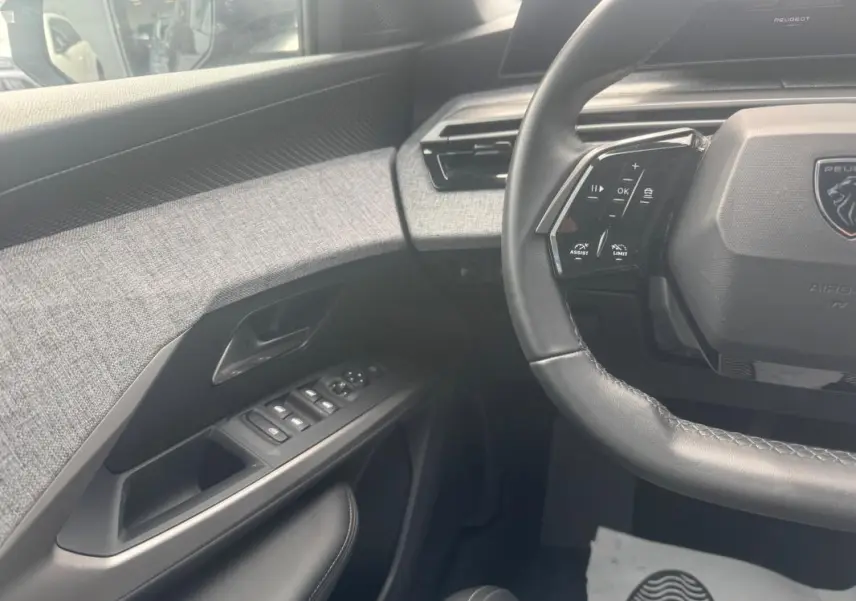 Vue intérieure côté conducteur du Peugeot 5008 noir, mettant en valeur la porte avec commandes électriques et le volant multifonction.